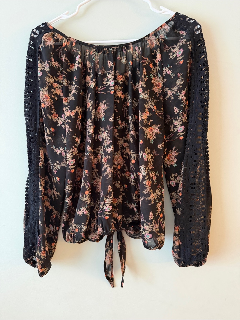 American Rag Cie Black Floral Crochet-Sleeve Tie-Front Blouse - Picture 3 of 5